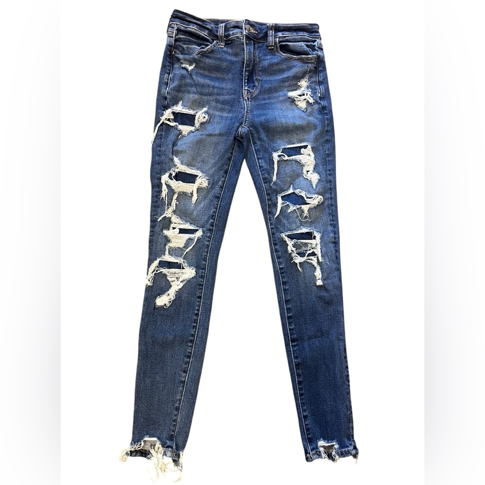 American Eagle Next Level Stretch Distressed Skinny Jeans Size 4 Short Raw Hem - Picture 2 of 6